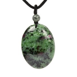 Green Ruby Zoisite Natural Crystal Gemstone Healing Quartz 40mm Flatback Oval Braided Cord Necklace 22"