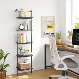 CJMM Ladder Shelf 5 Tier Wall Mounted Bookcase with Metal Frame, Open Design Shelves for Living Room, Bedroom, 72 Inch Wall Mounted Book Shelf, Wall-Mounted Black Wood Bookcase Storage Rack, Black