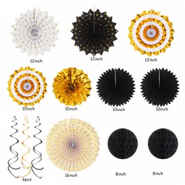 Black Gold Party-Decorations Graduation Banner-Streamers - 18pcs Kits 2025 Congrate Grad Garland,Congratulations Paper Tissue Pom Poms Fan,Honeycomb Lanterns Decor Panduola