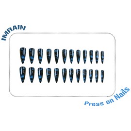 IMRAIN Long Press on Nails Stiletto Fake Nails Black Ombre False Nails with Dark Blue Butterfly Designs Full Cover Acrylic Glossy Nail Supplies Glue on Nails DIY Nail Art 24Pcs Stick on Nails