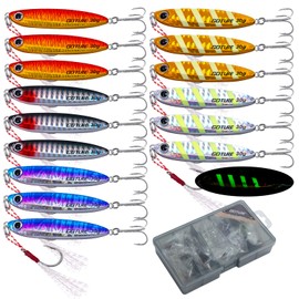 Goture Fishing Jigs 30g 15 Pcs, Vertical Jig Saltwater Freshwater, Jig Fishing Lures with Assist Hook and Treble Hook, Fishing Jigging Spoon Lures with Tackle Box, Fishing Jig for Tuna, Salmon, Bass