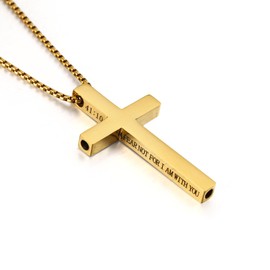 INTIMATE LOVER Christian Cross Breathing Necklace, Stainless Steel, Anxiety Relief, Inspirational Bible Verse Design (41:10 FEAR NOT FOR I AM WITH YOU, Gold)