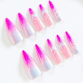 24Pcs French Tip Press on Nails Long Almond Nails Pink Fake Nails with 3D Water Drop Designs Gradient False Nails Glue on Nails Nude Acrylic Nails Press on Full Cover Glossy Stick on Nails for Women