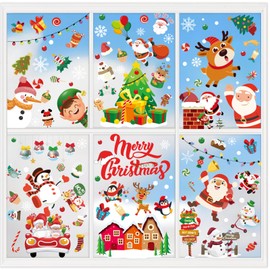 XZENTIRA 139 PCS Christmas Window Clings Double-Sided Reusable Snowflake Santa Claus Reindeer Window Decals for Holiday Christmas Party Home Windows Glass Decor 10 Sheets