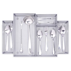 WuGeShop Mesh Silverware Tray Drawer Organizer, Kitchen Utensils Flatware Tray with Anti-slip Mats, Silverware Storage Cutlery Tray for Knives Fork Spoon (5 Separate Compartments, Silver) | WuGeShop