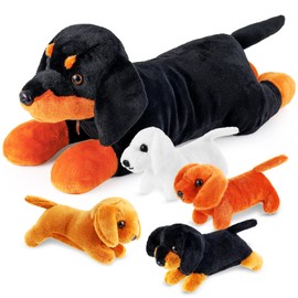 ZJoey 5 Pcs Dachshund Dog Plush Mommy Stuffed Animal with Baby Plush Sausage Dog Soft for Girls Birthday Xmas Bedtime Gift Bed Rest Chair Bolster Nursery Decoration(Lying Dachshund)