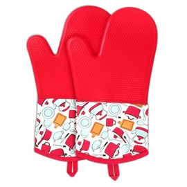 LYART Heat Resistant Silicone Oven Mitts Set, Non-Slip Oven Gloves with Cotton Lining, Oven Mitts Pot Holders and Hot Pads for Kitchen Baking Cooking BBQ (Red, 1pair Oven Mitts)