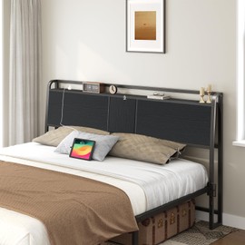 MAHANCRIS Headboard King Size, Headboard with 4 Outlets and 4 USB Ports, Industrial Head Board with Flip Door and Bed Frame Adapter, Height Adjustable, Black