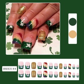 24Pcs St. Patrick's Day Press on Nails Square Short Shamrocks Fake Nails Green French Tip False Nails with Lucky Clover Rainbow Design Sparkly Acrylic Nails Full Cover St. Patrick's Day Manicure Decor
