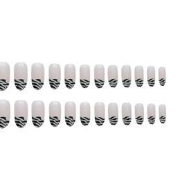 SINHOT Medium Press on Nails Round Fake Nails Beige and Black Leopard Print Oval Glue on False Nails Full Cover Clip on Nails 24pcs