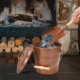 Mini Ash Bucket with Lid, 1.5-Gallon Pail with Shovel and Hand Broom, Metal Bucket Coal and Ash Carrier (Copper)