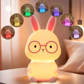 Bunny Nursery Night Light for Kids, 7-Color RGB Mode, 3-Level Brightness Warm Light Mode, Touch Control, 30Min Auto-Off Timer, Rechargeable Type-C, BPA-Free & Food-Grade Silicone, Easter Gift, Pink