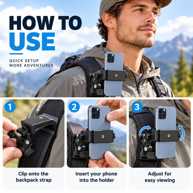 Backpack Strap Phone Holder for Hands-Free Recording – Adjustable Clip