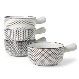 MONITO 28 Oz French Onion Soup Bowls With Handles, Stackable Ceramic Soup Crocks, Serving Bowls Set of 4, Oven/Microwave/Dishwasher Safe, for Chili, Beef Stew, Cereal, Pasta, White-blue