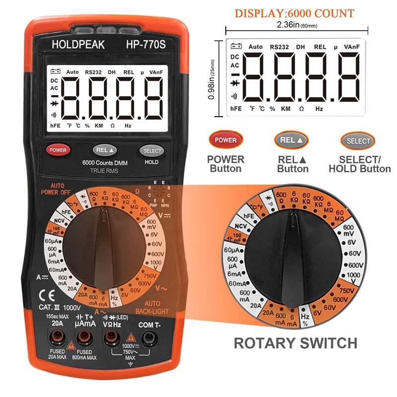 HoldPeak Digital Multimeter HP-770S 6000 Counts Manual Ranging,Accurately Measure for