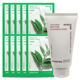 (10 sheets) Innisfree Energy Mask Green Tea + Volcanic Pore Baja Cleansing Foam 150g / (10매)이니스프리 에너지 마스크 그린티+화산송이 모공 바하 클렌징 폼150g