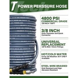 TechSweepPro 3/8" 4800PSI Pressure Washer Hose 150FT with Swivel Quick Connect for Cold/Hot Water Max 248°F, Kink Resistant Steel Wire Braided, Wear Resistant Power Washer Hose with M22 14mm Adapter