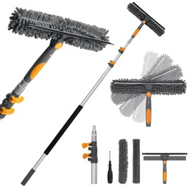 12Ft Window Squeegee with Extension Poles, 2-in-1 Window Cleaning Kit with Telescopic Pole, Extra-Large 14" Window Squeegee, Window Cleaner Tool with Adjustable Head, for High Window, Glass, RV