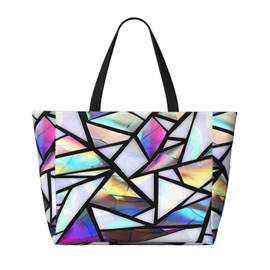 Edafol Geometric Iridescent Triangles Print Beach Bag Large Waterproof Sandproof Tote Bag Women Zipper Travel Beach Bags Swim Pool Gym Shopping Grocery Handbag
