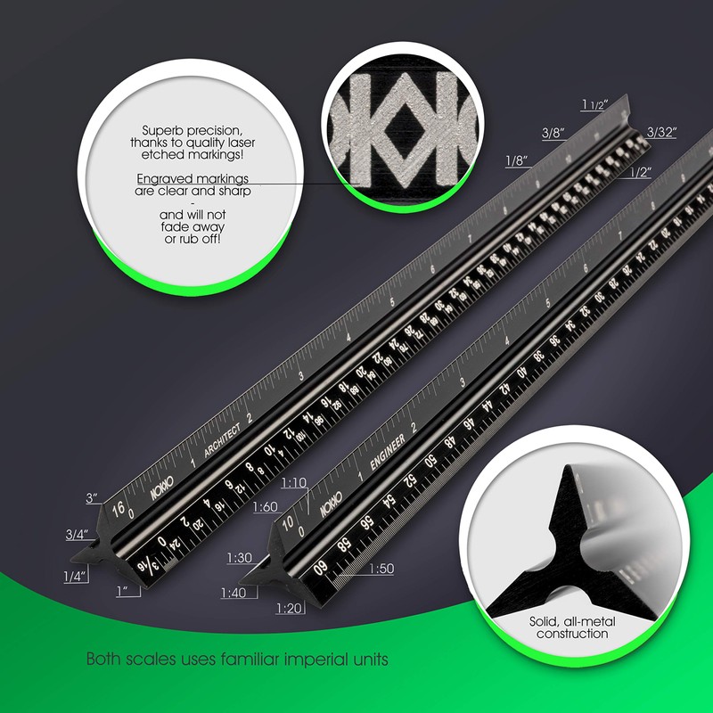 NOKKO 12 Inch Architectural and Engineering Scale Ruler Set -