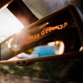 Set 2Pcs Stay Groovy Rearview Mirror Decal Funny Flower Inspiration Positive Humor Decal New Car Water Bottle Laptop Window Vinyl Waterproof 3,5x0,4 Inches Car Decals Gift for Friend Coworker Dad Mom