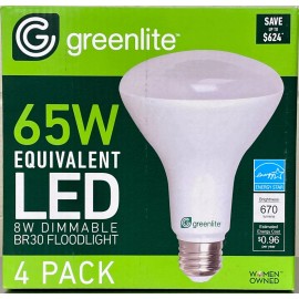 Greenlite 4x NEW Floodlights BR30 Light Bulbs 8w LED 65w Dimmable 3000k 670 Lumens 4 PACK