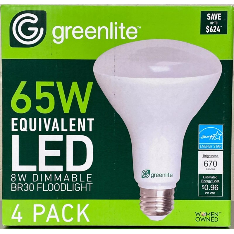 Greenlite 4x NEW Floodlights BR30 Light Bulbs 8w LED 65w