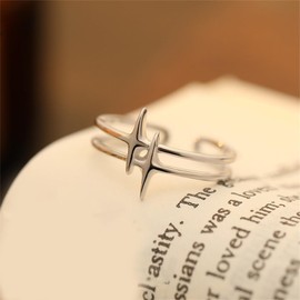 NewZenro Star Adjustable Open Rings for Women Minimalist 925 Sterling Silver Double Layer Engagement Stacking Expandable Finger Knuckle Rings Comfort Fit for Wedding Promise Party Jewelry (Silver)