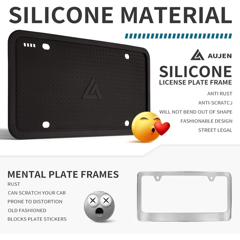 Aujen Silicone License Plate Frames Black, 1 Pack Car License