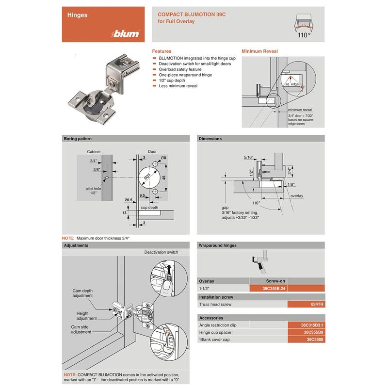 Blum 39C355B.24 Compact BLUMOTION 39C Hinge, Soft-Close, 110 Degree, 1-1/2