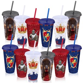 Patelai 12 Pcs Medieval Plastic Tumbler with Lids and Straws Medieval Reusable Cups Knight Castle Party Favor for Birthday Party Supplies