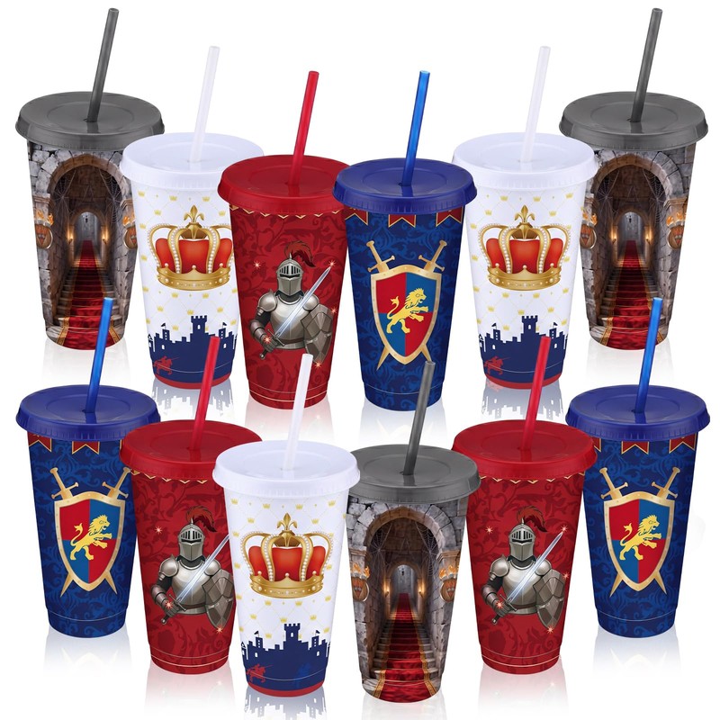 Patelai 12 Pcs Medieval Plastic Tumbler with Lids and Straws