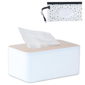 1 x Tissue Box and 1 x Wet Wipes Bag, Cosmetic Tissue Box, Tissue Box Dispenser, Refillable Plastic Tissue Box with Wooden Lid for Bathroom, Bedroom, Office, Kitchen (White)
