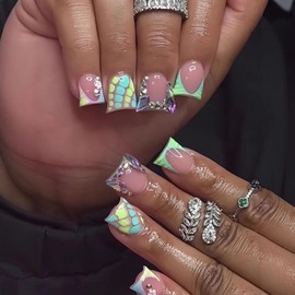 FIEONCIY Press on Nails Duck Shaped Glossy Full Cover Acrylic Duck False Nails with Designs Artificial Medium Duck Shaped Fake Nails with Charms Glue ons Fingernails for Women Girls(CC7)