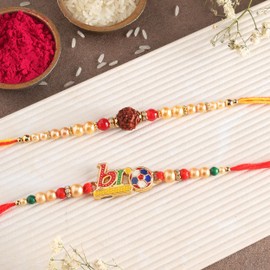 Peacock Rakhi Set of 2 Rakhi for Brother with Raksha Bandhan Greeting Card | Roli Chawal Tika - Raksha Bandhan Designer Kundan Rakhi for Brother & Bhabhi | Rakhi for Bhaiya | Rakhi Thread VRK012 (Design1)