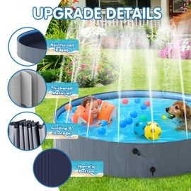 AWQM Foldable Dog Pool with Sprinkler, Outdoor Portable Non-Slip Kiddie Pool, Dog Bath Tub with Hard Plastic, Collapsible Dog Swimming Pool for Kids Dogs Pets (Gray, 63"x12")