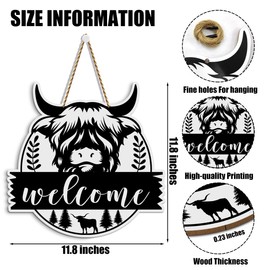 Highland Cow Wooden Hanging Sign,Welcome Sign for Front Door,Rustic Farmhouse Home Front Porch Wall Decor,House Warming Gifts New Home, Highland Cow Wall Art for Christmas New Year (12''x 12'')