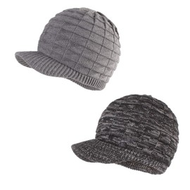 LANGZHEN Unisex Winter Hats with Visor Warm Ski Hat Stylish Knitted Hat for Men and Women(Black-Melange+ Light Grey)