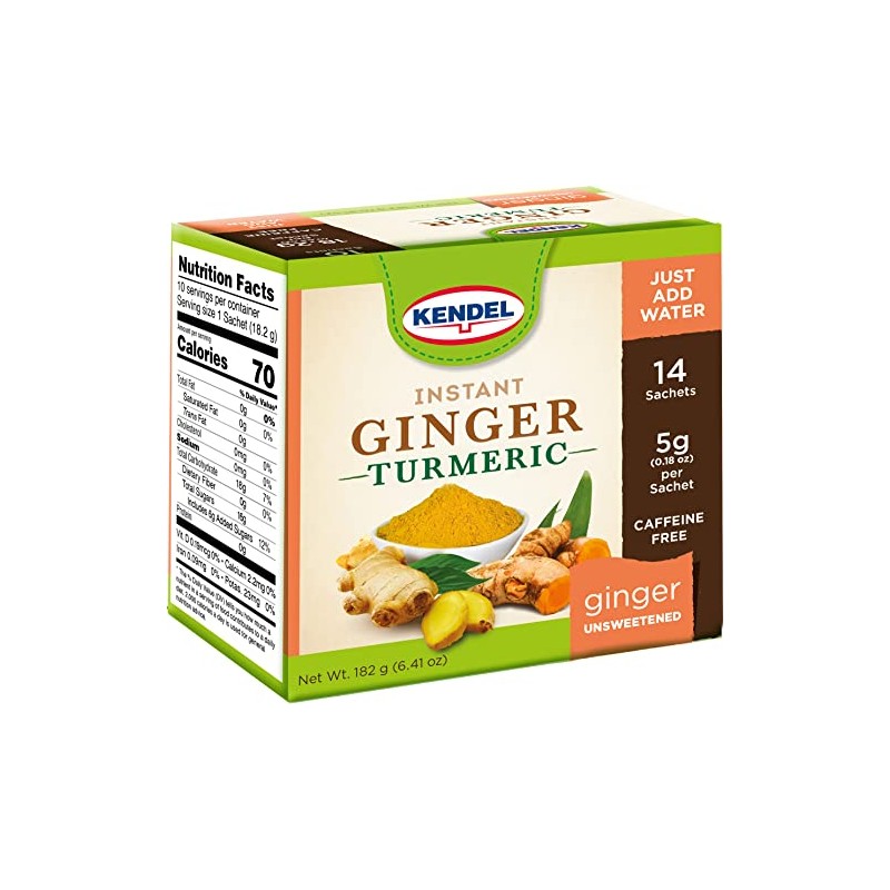 Kendel Instant Ginger Teas (Ginger-Tumeric Unsweetened, 14), Caffeine Free, Soothing