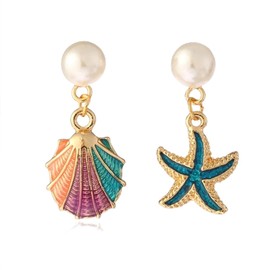 Colorful Shell Starfish Dangle Earrings for Women Asymmetric Enamel Starfish Shell Drop Earrings (Colorful)