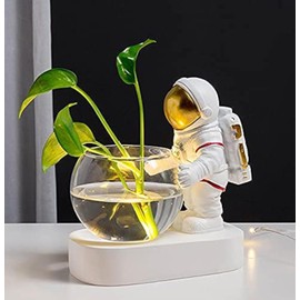 Astronaut Planter, Spaceman Glass Vase，Astronaut Resin Hydroponics Flower Vases，Led Light Nordic Modern Succulent Flower Pot Creative Decor White for Home Office Table