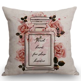 Swono Fashion Floral Throw Pillow Cover Pink Perfume Glass Bottle and Roses in Watercolor Style Farmhouse Cushion Case for Sofa Couch 18x18 Inches Cotton Linen