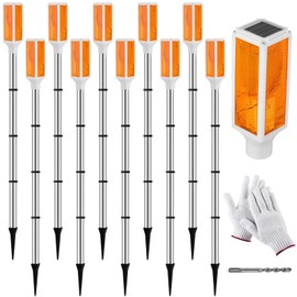 Baquler 10 Pcs Solar Powered Driveway Markers Reflective Driveway Lights Landscape Reflectors with Drill Bit Gloves for Snow Road Outdoor Yard Parking Sidewalk(Orange)