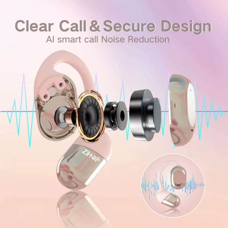 ZIHNIC Open-Ear Wireless Bluetooth Headphones with Mic Comfortable Ear Hooks