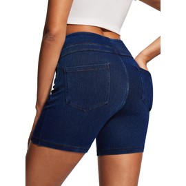 Heathyoga Stretchy Jean Shorts Womens High Waisted Pull On Jorts Denim Shorts for Women with Pockets Casual