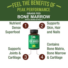 Peak Performance Grass Fed Bone Marrow - Whole Bone Extract Supplement 180 Capsules Superfood Pills Rich in Collagen, Vitamins, and Amino Acids. from Bone Matrix, Marrow, Cartilage. Ancestral Tablets