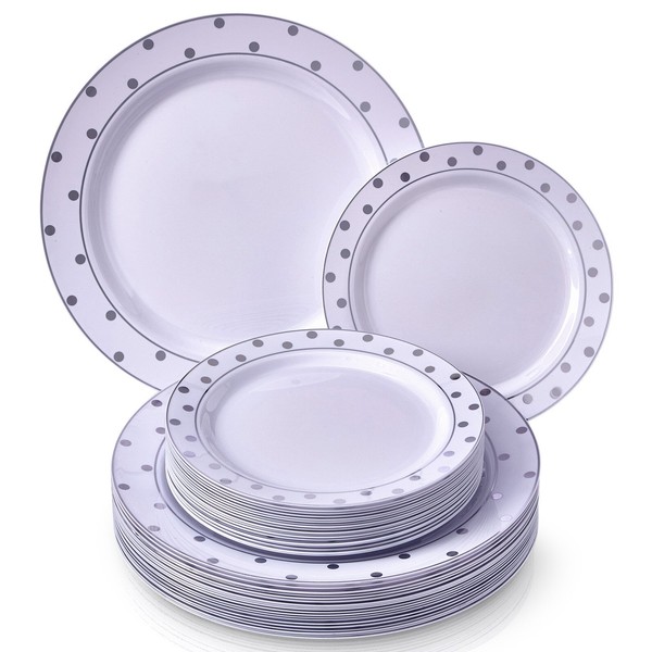 Silver Spoons Party 40 PC Dinner 20 Side Plates Disposable Dinnerware Set | Charming Dots Collection, Servings, White/Silver