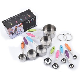 ACAKitchen Stainless Steel Measuring Cups and Spoons Set of 10 Piece, with Soft Touch Colorful Silicone Handles for Dry and Liquid Ingredients, Cooking & Baking (Stackable)