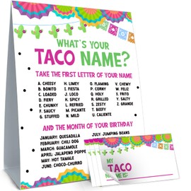 Cidobi What is Your Taco Name Game Set, Taco Games Cads for Boys Girls, 1 Taco Name Game Double Sided Sign, 30 Taco Name Stickers, Birthday Party Game Supplies