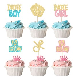 24 piezas de decoración para magdalenas de niño o niña, revelación de género, palillos de magdalenas con purpurina para baby shower, decoración de pasteles para niños o niñas, suministros de fiesta temática de cumpleaños